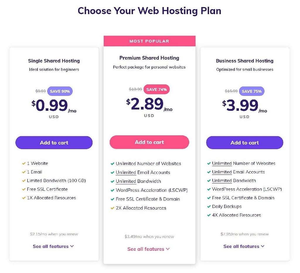 hostinger shared web hosting plans